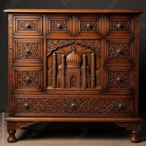 Ornate Wooden Chest with Islamic Design.
