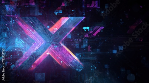 Abstract digital graphic with geometric x shape and vibrant glowing colors