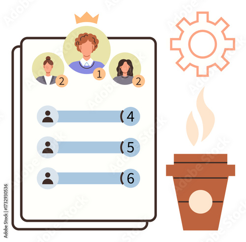 Leaderboard with ranked profiles and crown, list with numbers, gear icon, coffee cup, steam. Ideal for teamwork, productivity, leadership competition goal-setting ranking system motivation. Flat
