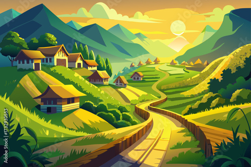 A narrow road winds through lush green foothills to a peaceful village. The golden sunlight spreads everywhere, its yellow glow on the leaves and thatched roofs making the village look like a painted 