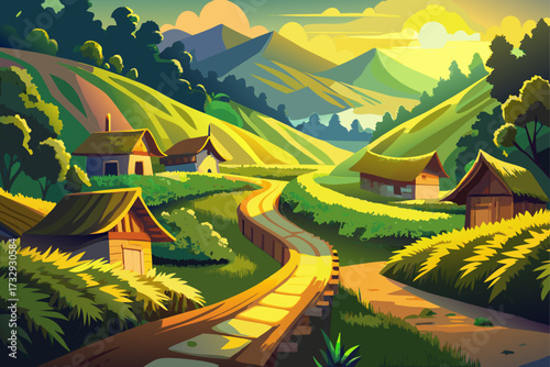 A narrow road winds through lush green foothills to a peaceful village. The golden sunlight spreads everywhere, its yellow glow on the leaves and thatched roofs making the village look like a painted 