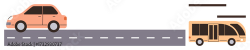 Car driving on a divided road and bus commuting beside. Ideal for transportation, city life, commuting, travel, urban mobility, vehicle safety, public transit. Simple flat metaphor