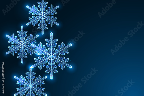 Futuristic glowing snowflake cluster on dark blue background, Christmas digital vector illustration
