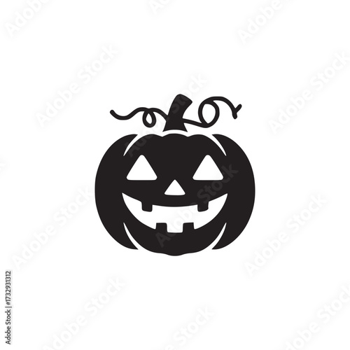Illustration of a black halloween pumpkin with a smiling face the pumpkin has a stem and vines, perfect for halloweenthemed designs, invitations, or decorations