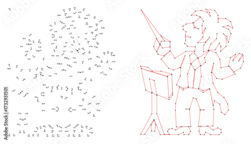 Conductor at stand with baton directs orchestra. Connect the dots educational drawing game. Dot to dot by numbers puzzle. Google Font Fira Sans Condensed.