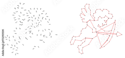 Cupid with a bow and arrow. Connect the dots educational drawing game. Dot to dot by numbers puzzle. Google Font Fira Sans Condensed.