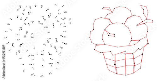 Basket of apples. Connect the dots educational drawing game. Dot to dot by numbers puzzle. Google Font Fira Sans Condensed.