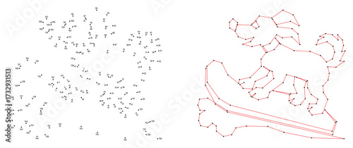 Dog surfs on a wave. Connect the dots educational drawing game. Dot to dot by numbers puzzle. Google Font Fira Sans Condensed.