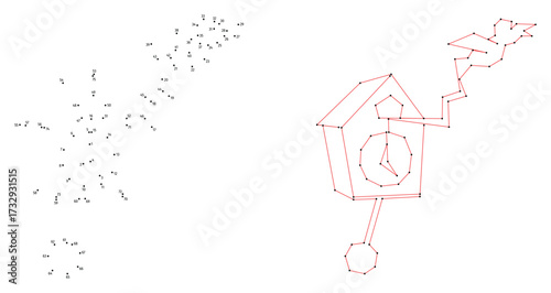 Wall clock with a pendulum and cuckoo.Connect the dots educational drawing game. Dot to dot by numbers puzzle. Google Font Fira Sans Condensed.