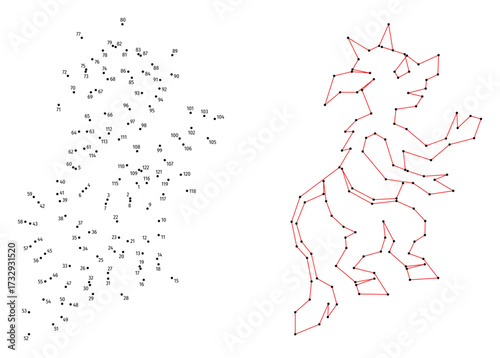Little devil with horns, tail, and hooves. Connect the dots educational drawing game. Dot to dot by numbers puzzle. Google Font Fira Sans Condensed.