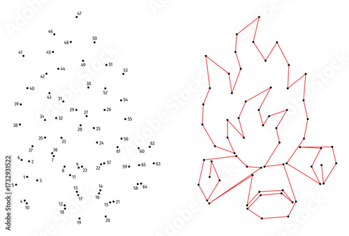 Bonfire with big flame. Connect the dots educational drawing game. Dot to dot by numbers puzzle. Google Font Fira Sans Condensed.