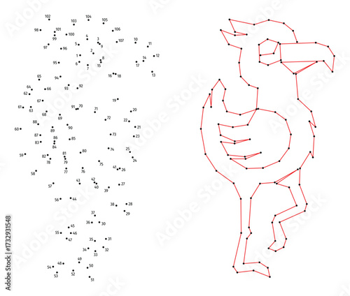 Funny cute bird. Connect the dots educational drawing game. Dot to dot by numbers puzzle. Google Font Fira Sans Condensed.