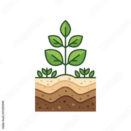 A plant grows from layered soil with smaller sprouts