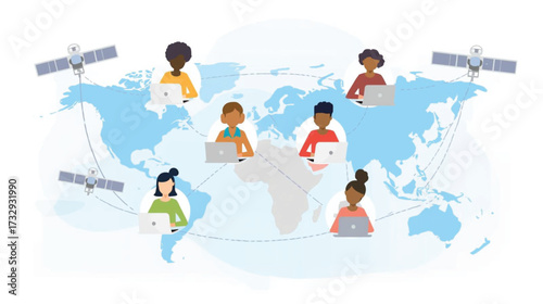 Business vector art of people working remotely on laptops connected via satellite