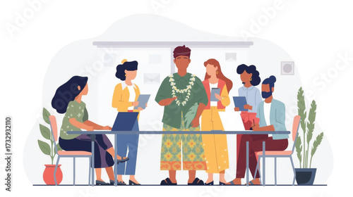 Business vector art of diverse team collaborating around a table in a meeting room