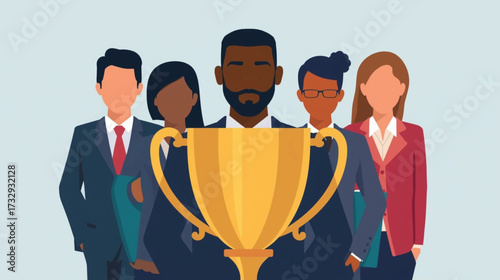 Business vector art of successful business team posing with a golden trophy, celebrating victory