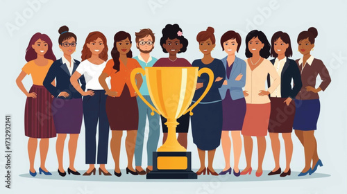 Business vector art of large group of women celebrating with a golden trophy, achieving success