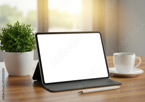 Tablet with blank screen, wooden desk, white coffee cup, white saucer, small green potted plant, natural light, soft shadows, polished wood texture, warm color tones, bright background.