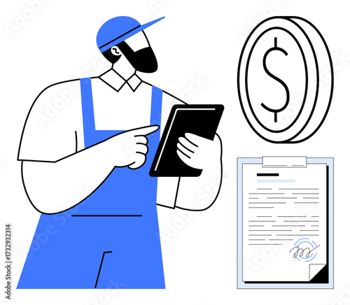 Worker in uniform holding a tablet, reviewing a signed contract and dollar coin representing payment. Ideal for finance, contracts, transactions, labor, business, management and technology. A simple