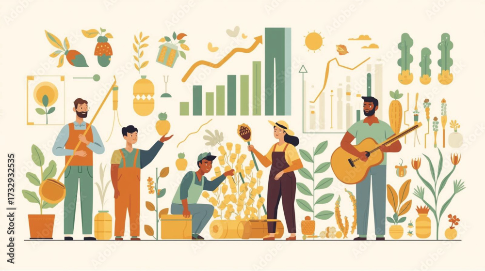 Fototapeta premium Business vector art of diverse group of farmers working together with plants and charts