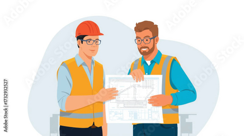 Business vector art of two construction workers discussing blueprints