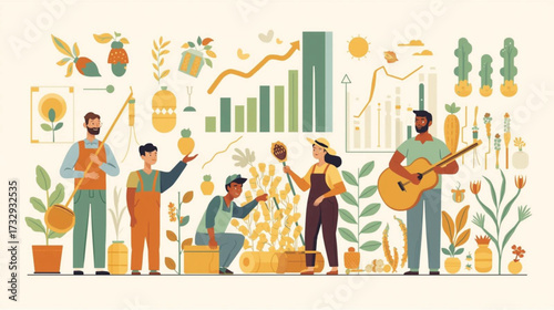 Business vector art of diverse group of farmers working together with plants and charts