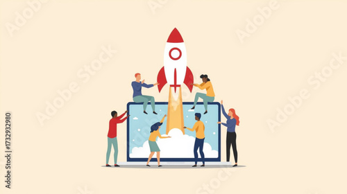 Business vector art of people working together to launch a rocket from a laptop screen
