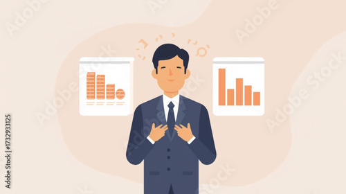 Business vector art of businessman looking thoughtful with financial charts showing decline and growth