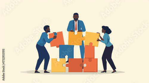 Business vector art of team of business people assembling a puzzle together