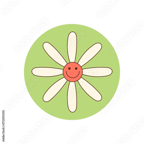 Groovy retro daisy with cute smile on green flat circle sticker. Happy flower sticker adds y2k charm as package patch or lid accent for creative retro product design.