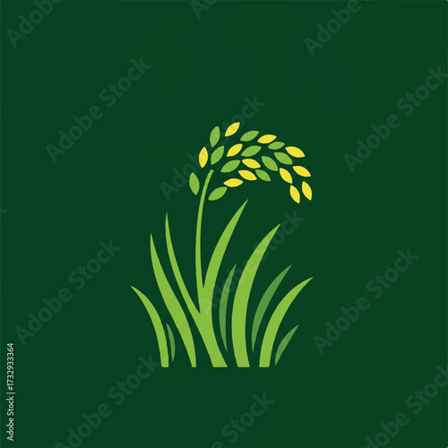 A stylized illustration of a rice stalk with green and yellow grains on a dark green background