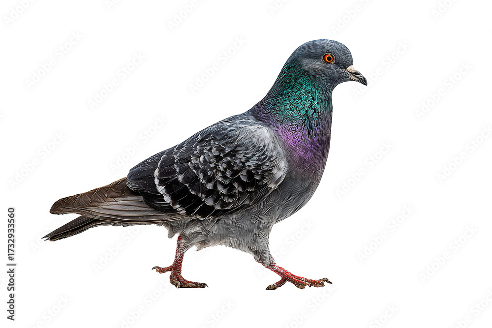 Naklejka premium Rock pigeon mid-stride with iridescent teal and plum neck feathers and bright orange eye, isolated on transparent background 