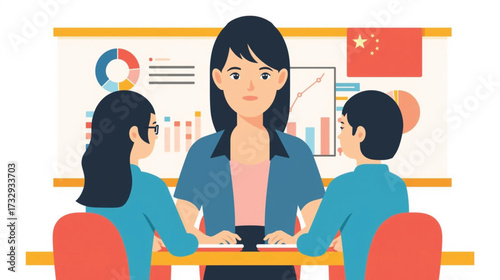 Business vector art of business meeting with a female leader presenting charts and chinese flag