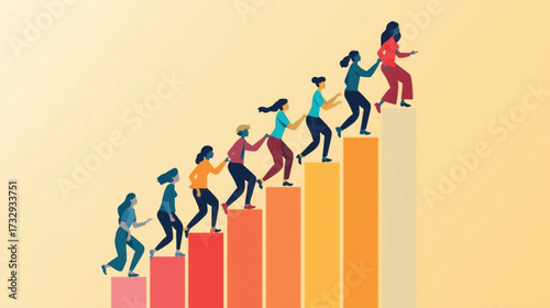 Business vector art of women climbing up a bar chart representing growth and success
