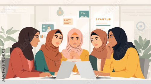 Business vector art of diverse group of muslim women collaborating on a startup project