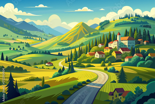 From a distance, the foothills covered with trees and green meadows appear like a vast carpet. The road leading to the village passes through this greenery, and the sunlight, like flowing gold, has im