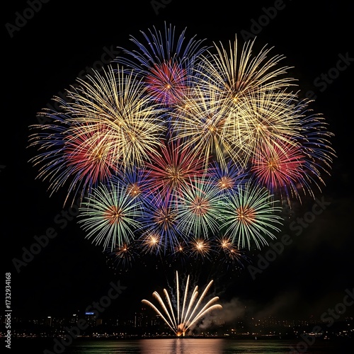 Colorful Fireworks Display Over Water.