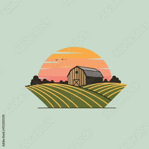 Barn on rolling fields at sunset with birds in sky