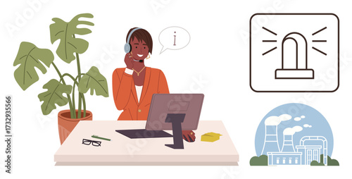 Representative with headset at desk assisting, emergency alert icon, potted plant, industrial facility illustration. Ideal for communication, customer support, industry safety, emergency response