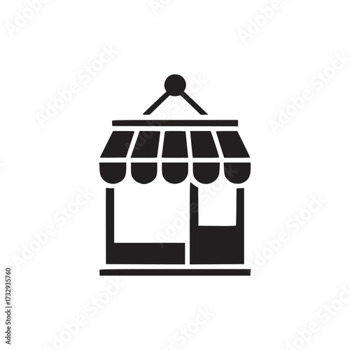 Vector art of silhouette of a store, representing retail business, shopping, and local market with an awning, storefront, and open sign in a simple and minimalist design