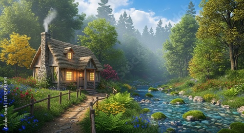 Enchanting Idyllic Forest Cottage Scene for a Captivating Poster Mockup, Showcasing Tranquil Nature and Rustic Charm with a Flowing River and Lush Greenery, Perfect for Evoking Serenity