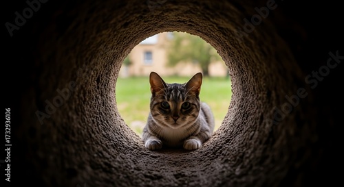 Cute Cat Peeking Through Hole.