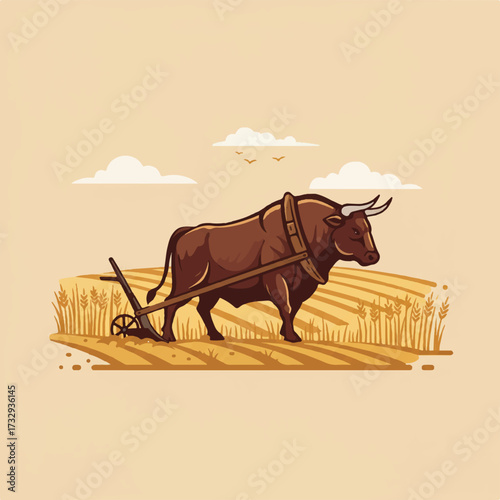 Brown bull plowing a field with a wooden plow