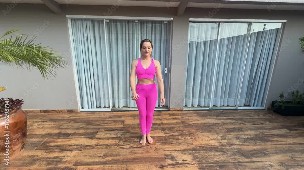 Mulher faz exercícios físicos e alongamentos em casa 