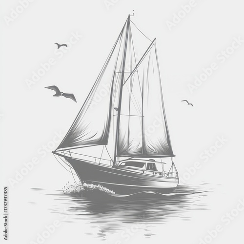 Sailing through calm waters under a clear sky with birds soaring above on a beautiful day - Low Contrast