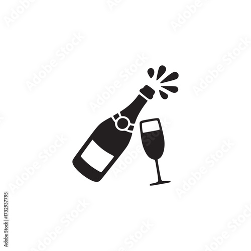 Illustration of a champagne bottle being opened with a glass nearby, the bottle is depicted in black silhouette, with bubbles popping out, next to a champagne flute
