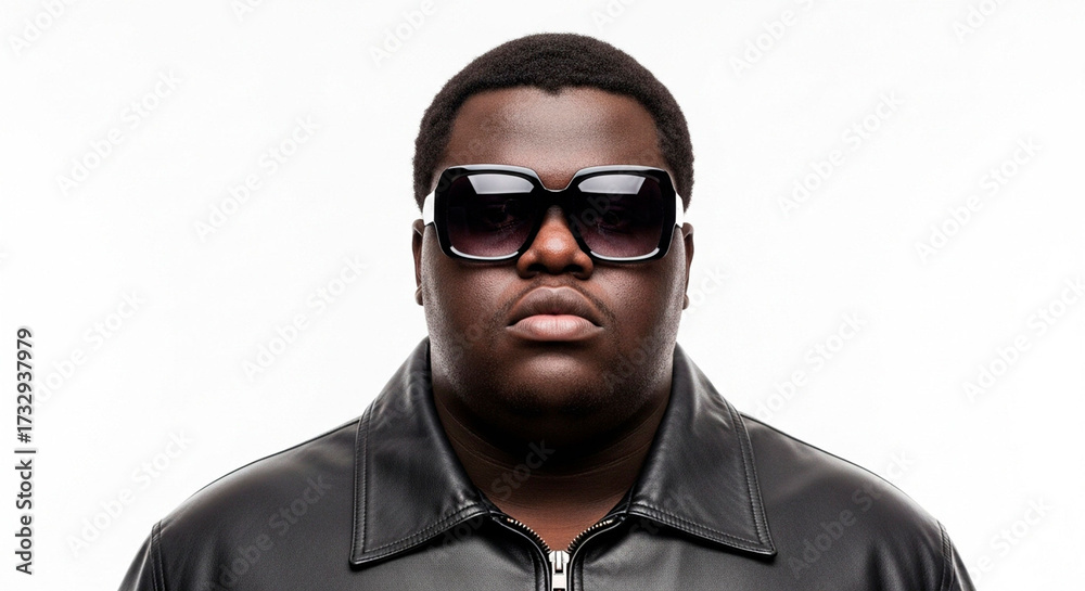 Fototapeta premium Young, Large, Very Dark-Skinned Man in Coarse Features, Leather Jacket, and Large Square Dark Glasses Against a White Background