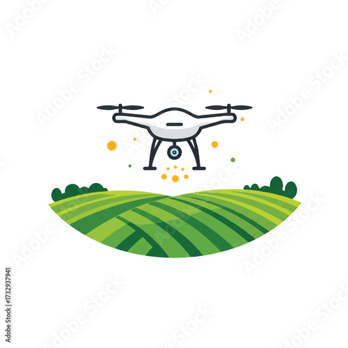 Drone flying over green agricultural fields with stylized trees