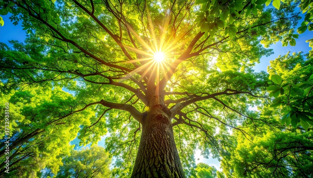 Obraz premium Sunlight streams through lush green tree canopy