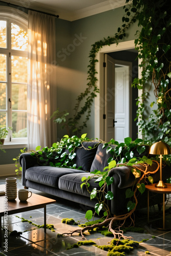 A cozy living room features a dark blue velvet sofa adorned with trailing green plants, a gold lamp, and a reflective glass coffee table, bathed in soft natural light from the window.
